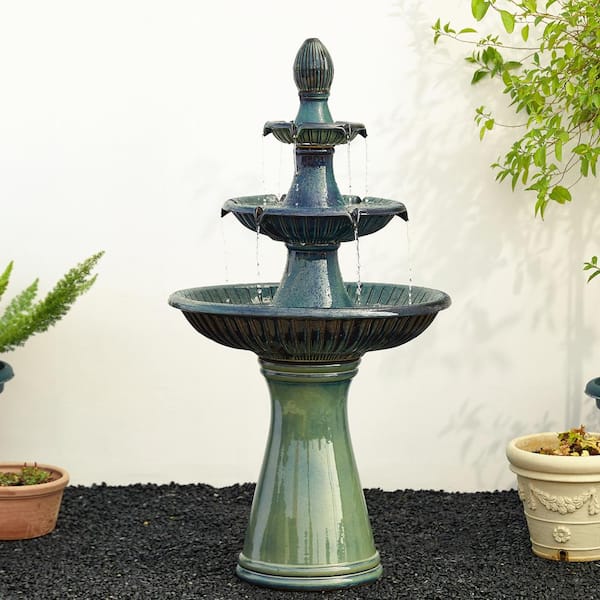 45.25 in. H Oversized Turquoise 3-Tier Ceramic Outdoor Fountain with Pump and LED Light (KD)