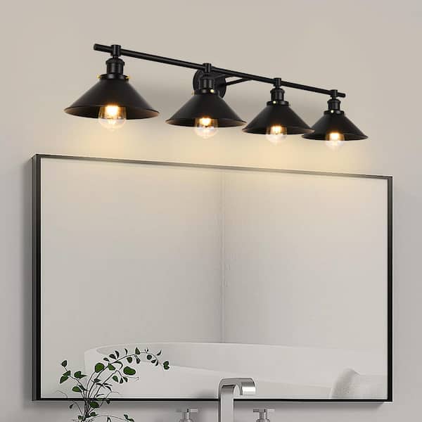 PAKOKULA Modern Industrial 41.14 in. 4-Light Matte Black Dimmable Vanity Light with Wide Cone Shade.