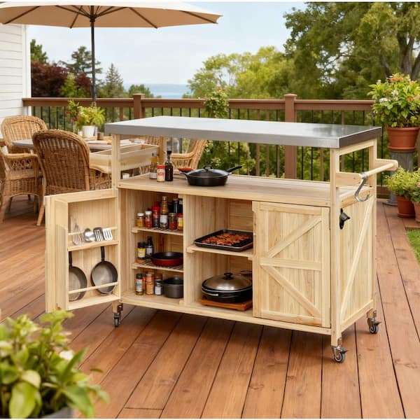 Natural Wood Outdoor Bar Cart with Storage Cabinet, Kitchen Island with Locking Wheels and Adjustable Shelf