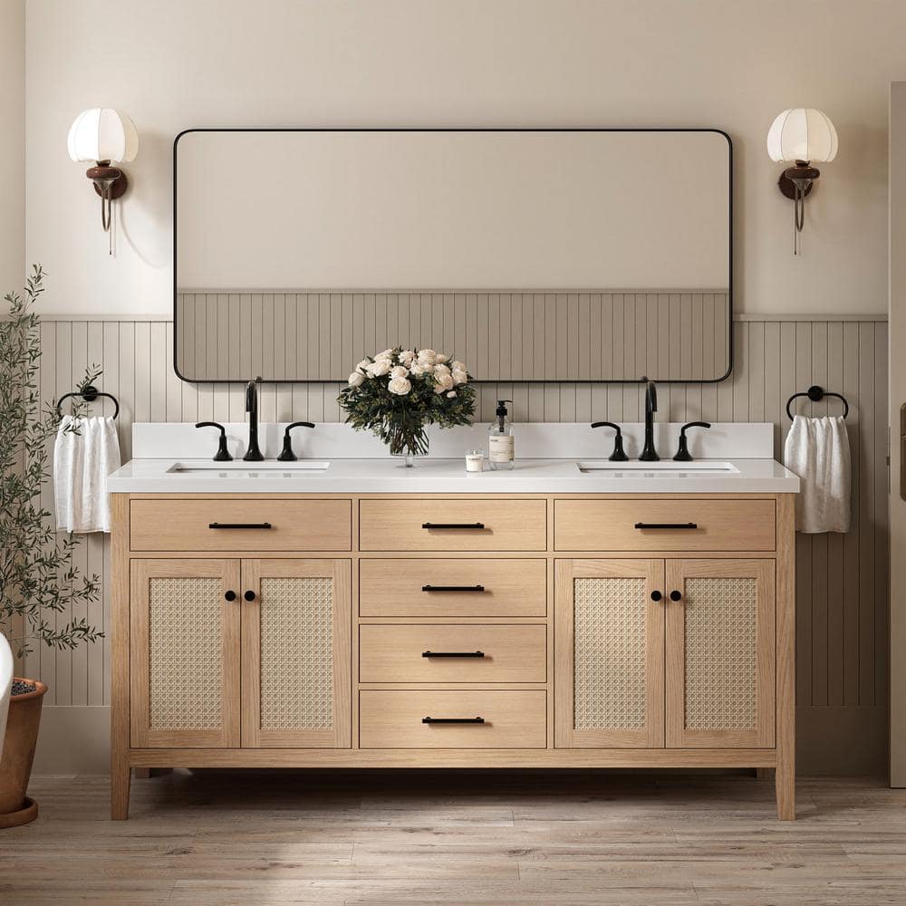 Camila 73'' Light Brown Double Sink Freestanding Vanity with White Quartz Top