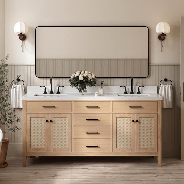 Camila 73 in. W x 22 in. D x 36 in. H Double Sink Bath Vanity in White Oak with Pure White Quartz Top