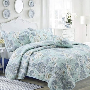 Love in a Mist Floral Porcelain Garden Vase 3-Piece Tiffany Blue Cotton Queen Quilt Bedding Set