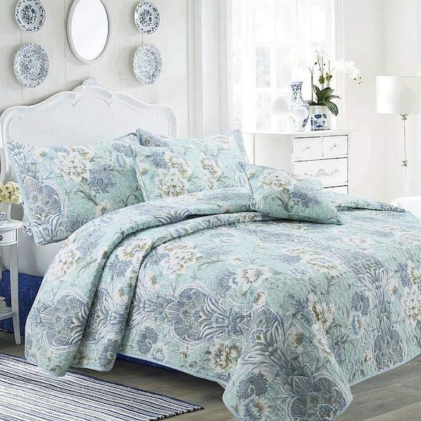 Cozy Line Home Fashions Love in a Mist Floral Porcelain Garden Vase 3-Piece Tiffany Blue Cotton Queen Quilt Bedding Set