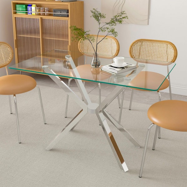 47.24 in. Rectangular Clear Tempered Glass Table with Adjustable Silver Metal Cross Legs Dining Table, Seats 4-6 people
