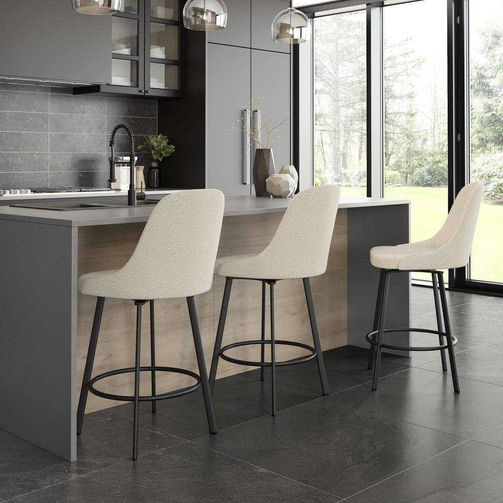 Harper 30" Cream Bouclé Polyester Swivel Bar Stool with Black Metal Base