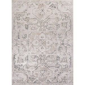 Edith Cream/Light Gray 5 ft. x 8 ft. Distressed Medallion Low-Pile Machine-Washable Area Rug