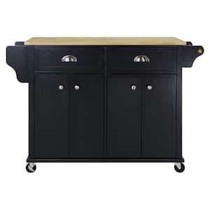 Black Solid Wood Drop Leaf Countertop 51.88 in. W Rolling Kitchen Island Cart on Wheels, Adjustable Shelf