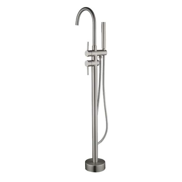 UKISHIRO Single-Handle Floor Mount Freestanding Bathtub Faucet with Shower Hand in Brushed Brushed