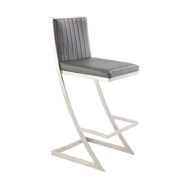 Armen Living Marc 39 in. Vintage Gray Stainless Steel Bar Stool with Faux Leather Seat