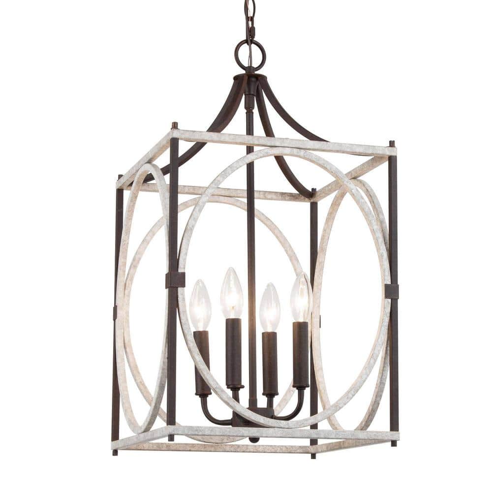Farmhouse 4-Light Brown Square Lantern Cage Chandelier for Living Room with