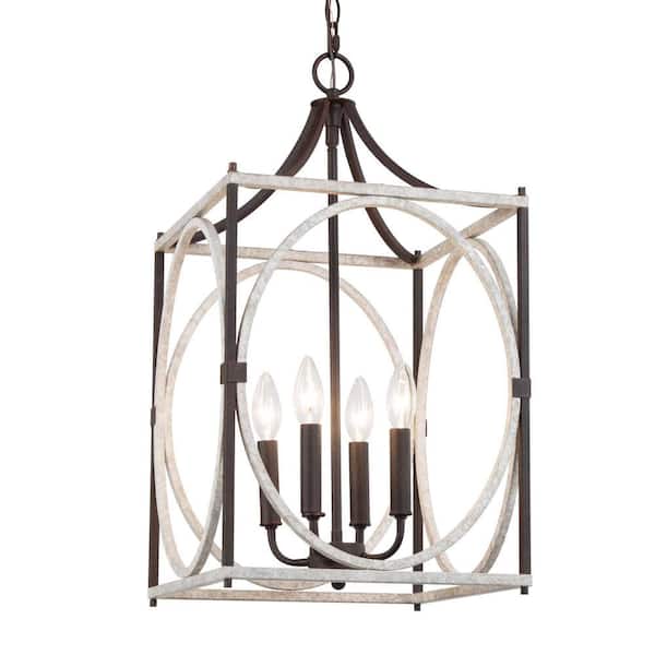 LOUGHEED DECOR INC Farmhouse 4-Light Brown Square Lantern Cage Chandelier for Living Room with No Bulb Included