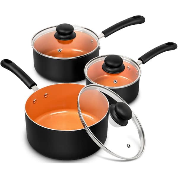3 Piece Copper Finish Ceramic Nonstick Saucepan Set with Glass Lids and Ergonomic Handles for Home Kitchen
