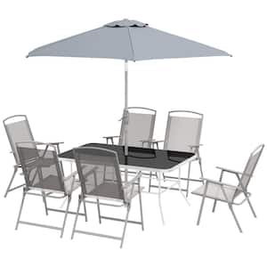 Gray 8-Piece Metal Outdoor Dining Set with Table Umbrella, 6 Folding Chairs and Rectangle Dining Table Set for Patio