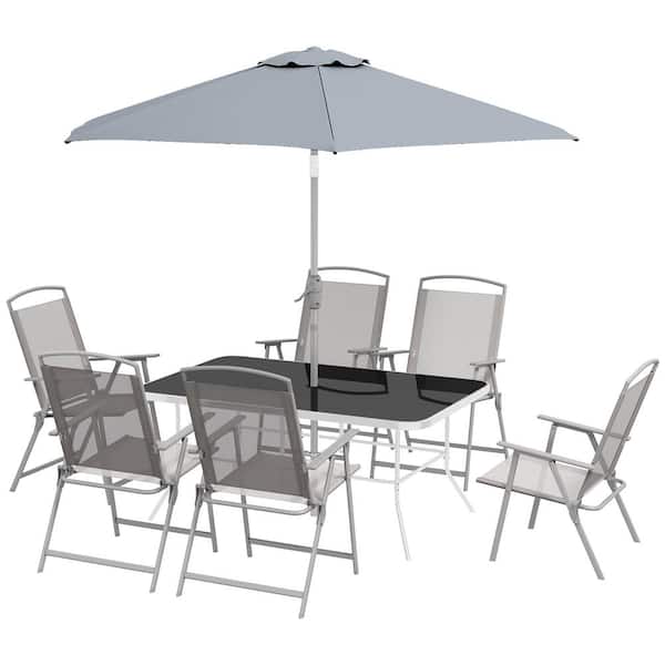 Unbranded Gray 8-Piece Metal Outdoor Dining Set with Table Umbrella, 6 Folding Chairs and Rectangle Dining Table Set for Patio