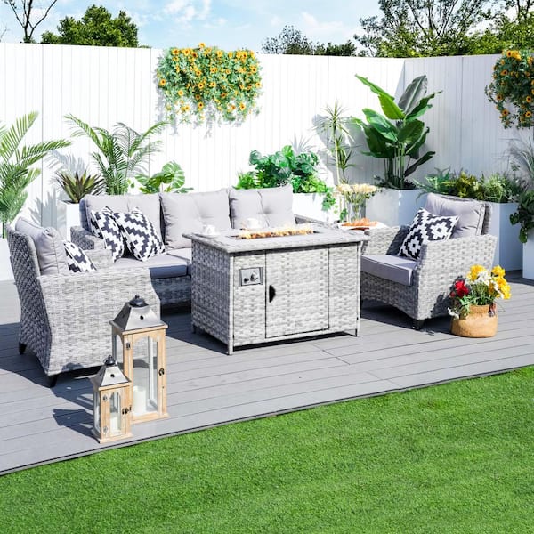 moda furnishings Torch Grey 5-Pieces Wicker Patio Conversation set with Fire pit and Grey Cushions