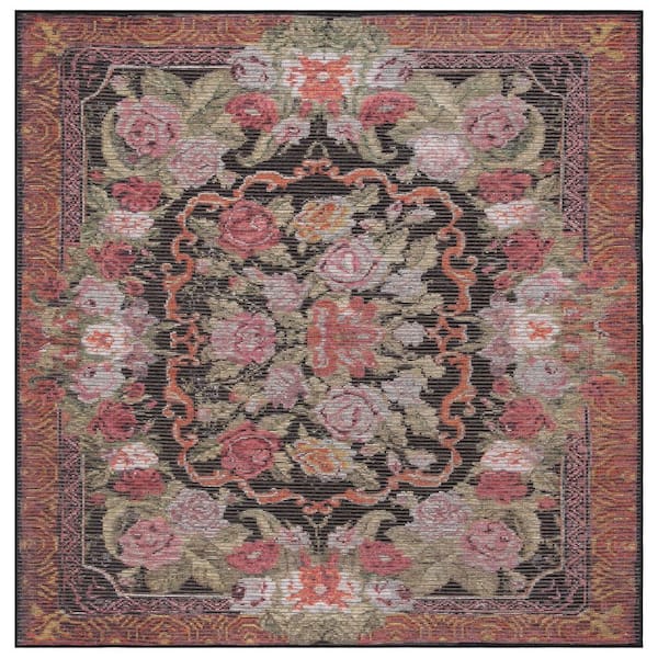 Besarabian Black/Sage Rust 7 ft. x 7 ft. Machine Washable Border Floral Square Area Rug
