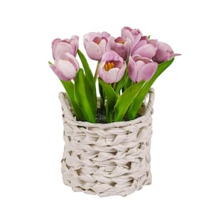 10 in. Artificial Floral Arrangements Tulips in Basket- Color: Mauve
