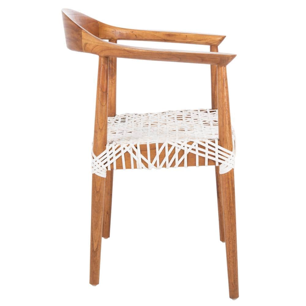 Natural Mindi Wood and White Leather Woven Accent Chair