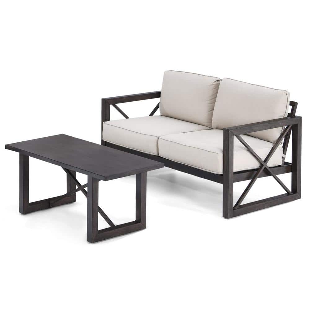 Alpulon Black Metal Outdoor Loveseat with Coffee Table and Beige