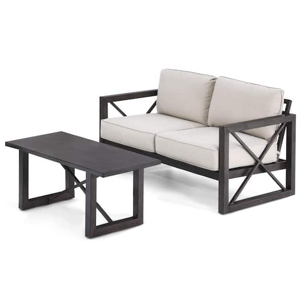 Alpulon Black Metal Outdoor Loveseat with Coffee Table and Beige Cushions