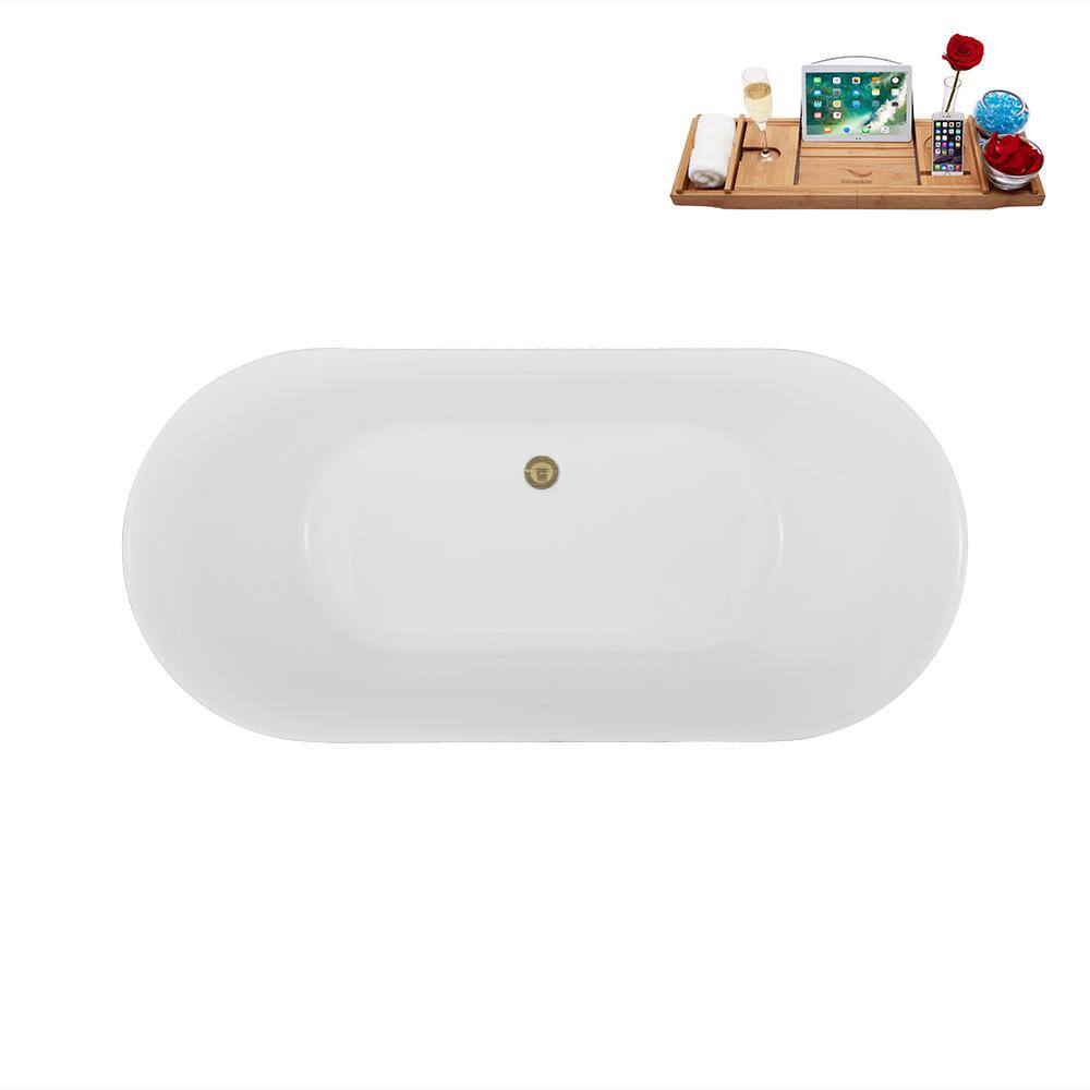 59'' Glossy White Freestanding Acrylic Soaking Bathtub with Tray