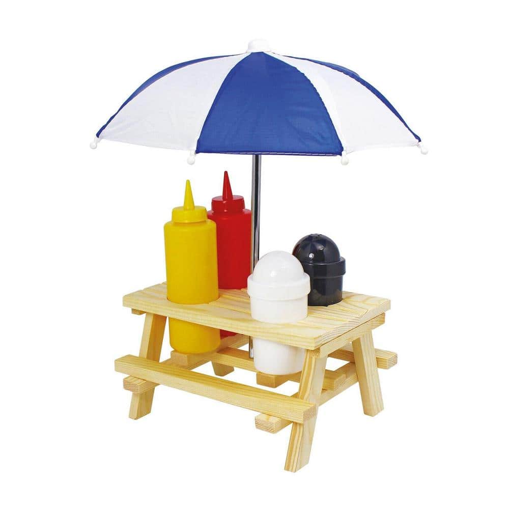 Mini Picnic Table Condiment Set with Umbrella, Pinewood and Plastic
