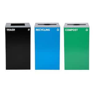 87 Gal. 3-Stream Steel Blue Recycling Bin and Black Trash Can Green Compost Trash Waste Station with Mixed Slot Lids