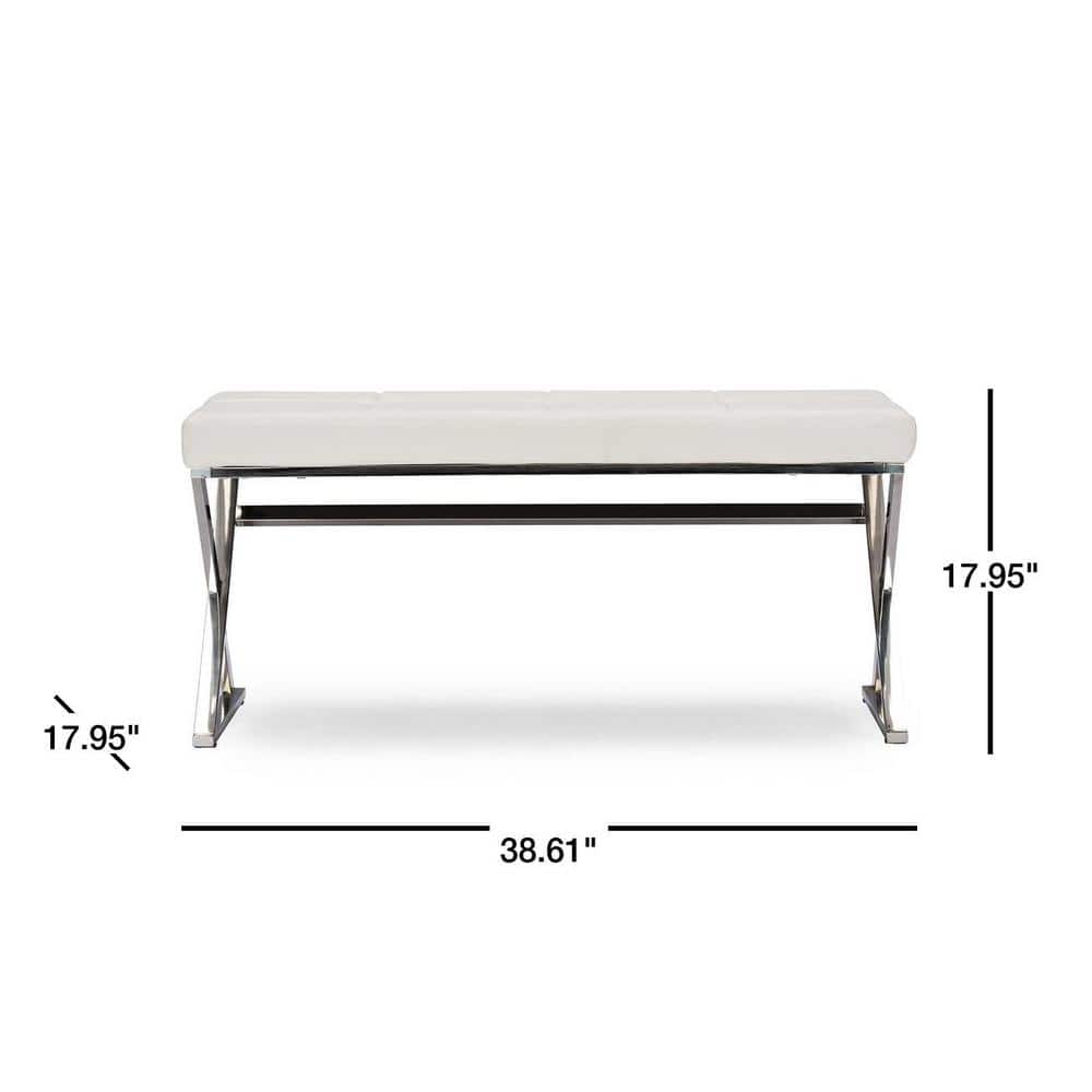Herald White Faux Leather and Stainless Steel Rectangular Bench