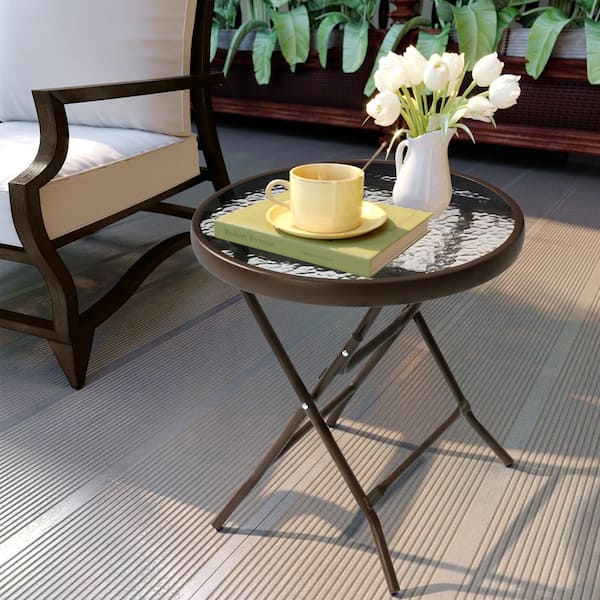 Pellebant Folding Tempered Glass Outdoor Side Table Patio Bistro Coffee Table in Brown