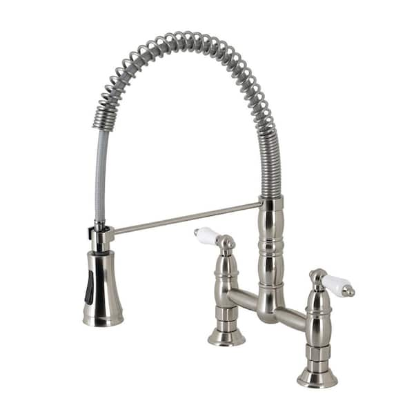 Kingston Brass Heritage Double-Handle Pull Down Sprayer Kitchen Faucet in Brushed Nickel