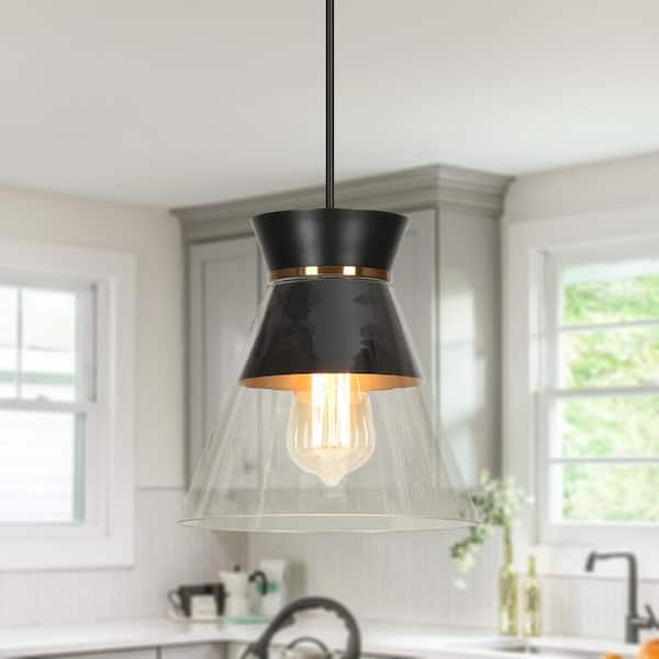 Zevni Noah Modern 1-light Cone Brass Pendant Light, Kitchen Island Hanging Light with Black Metal and Clear Glass Shade