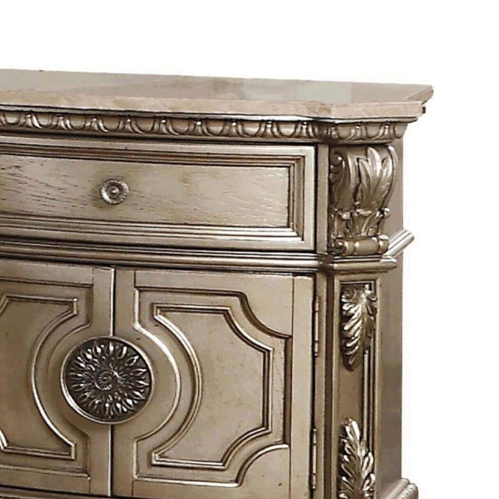 Antique Silver Elegance 30" Nightstand with Drawer and Carved Details