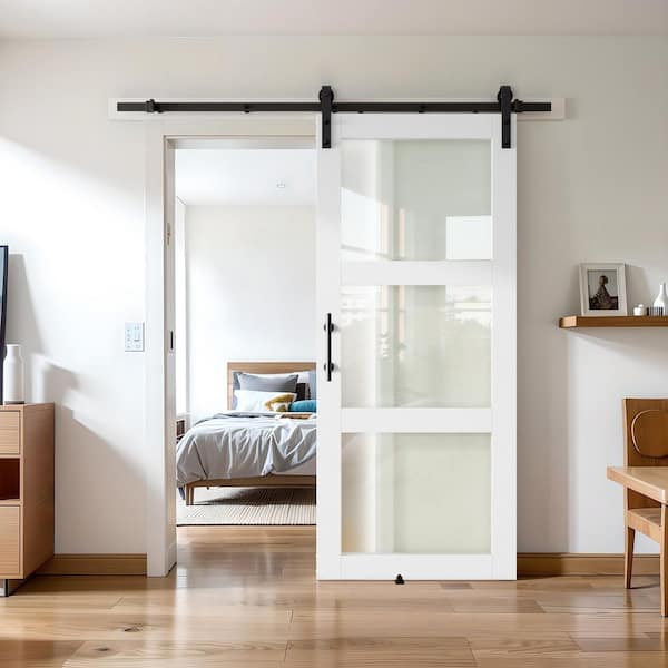 24 in. x 84 in. 3-Lite Frosted Glass White Finished MDF Sliding Barn Door with Hardware Kit