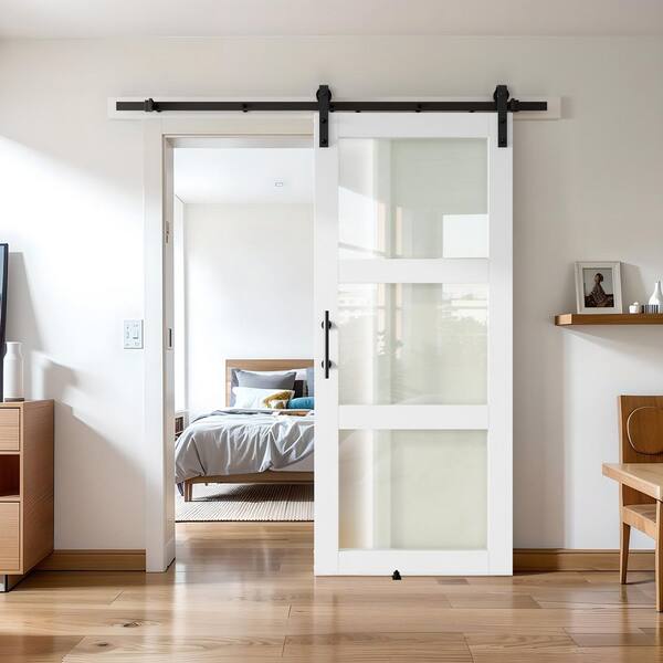 30 in. x 84 in. 3-Lite Frosted Glass White Finished MDF Sliding Barn Door with Hardware Kit