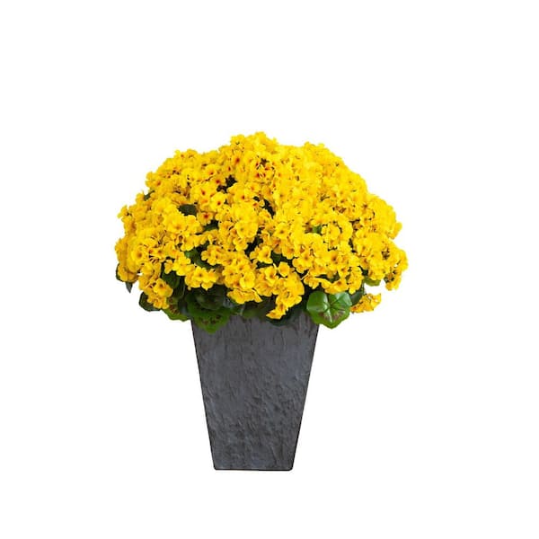 33 in. UV Resistant Artificial Geranium Plant in Slate Ceramic Planter (Indoor/Outdoor), Yellow