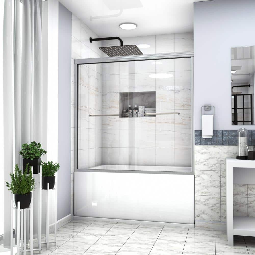 60 in. W x 58-1/8 in. H Sliding Semi-Frameless Tub Door in Chrome with Temp