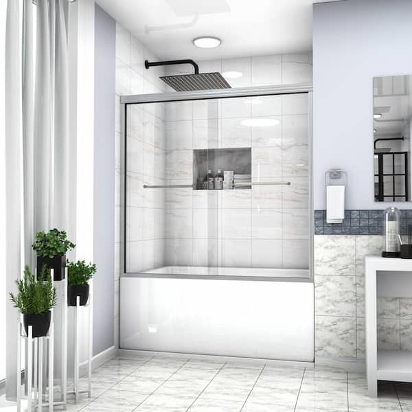 EPOWP 60 in. W x 58-1/8 in. H Sliding Semi-Frameless Tub Door in Chrome with Tempered Glass