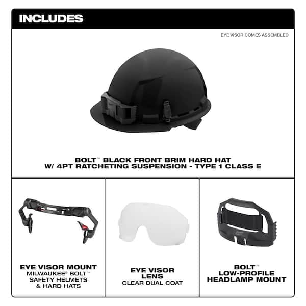 BOLT Black Type 1 Class E Front Brim Non Vented Hard Hat w/4 Pt Ratcheting Suspension W/BOLT Clear Dual Coat Eye Visor