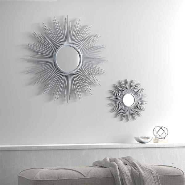 Unbranded 30 in. W x 30 in. H Round Metal Frame Silver Elegant Luxurious Sunburst Wall Decor Mirror for Living Room Bedroom