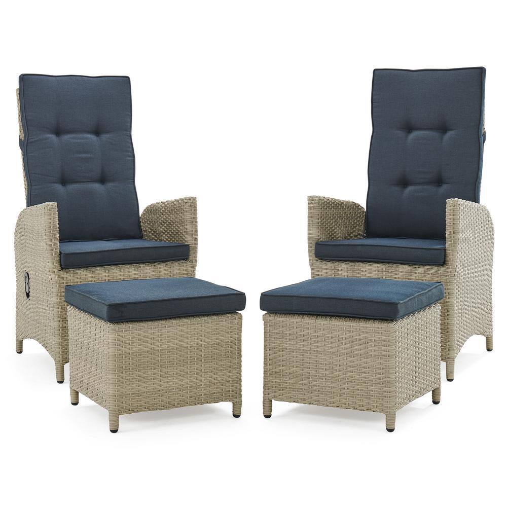 Haven 5-Piece Gray Wicker Recliner Set with Blue Cushions