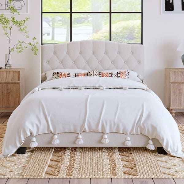 Harper & Bright Designs Beige Wood Frame Queen Size Linen Upholstered Platform Bed with Saddle Curved Diamond-Tufted Headboard
