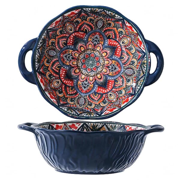 2 Pack Ceramic 40 oz. Serving Bowls with Handles for Soup, Salad, Pasta, Stew, and Mixing Boho Bowl Set