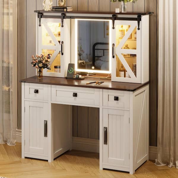 dressing table beige Makeup Vanity Set with Light Mirror and Charging Station, with Sliding Barn Door JJ-N704P328548A LILLY PULITZER