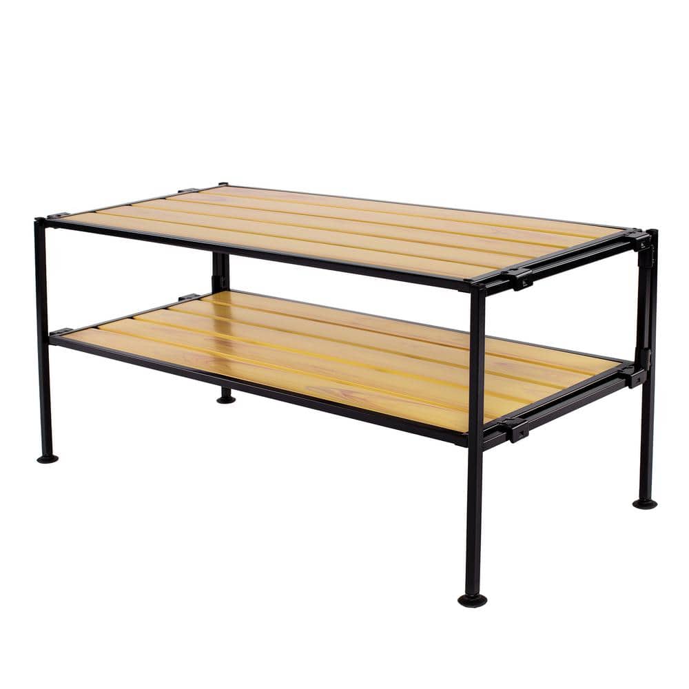 28'' Black Metal and Woodgrain 2-Tier Stackable Shoe Rack