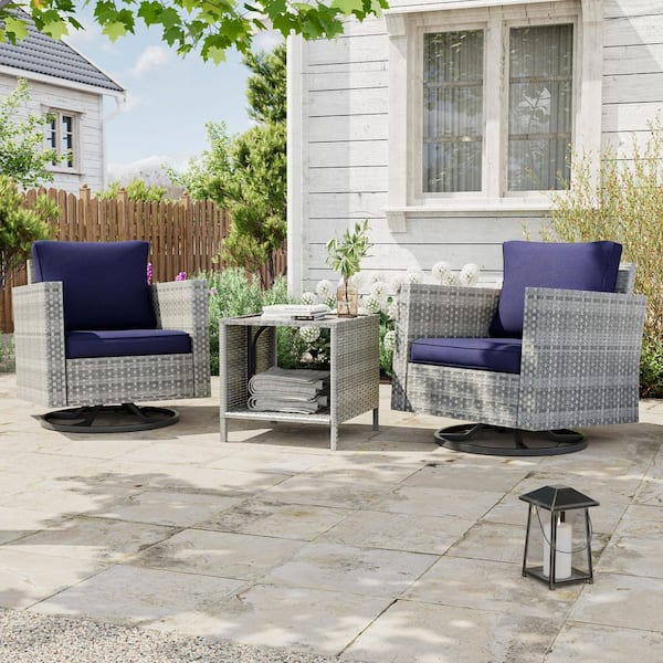 3-Piece Gray Wicker Patio Bistro Set Swivel Rocking Chairs for Outdoor Occasions of Lawn, Navy Blue