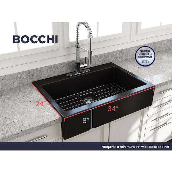 Nuova Matte Black Fireclay 34 in. Single Bowl Drop-In Apron Front Kitchen Sink with Protective Grid and Strainer