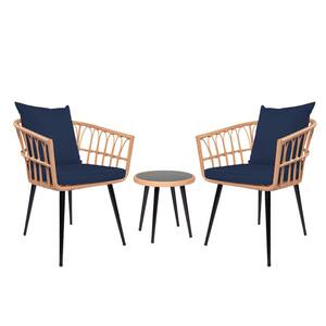Natural Brown 3-Piece Wicker PE Rattan Outdoor Bistro Set with Dark Blue Cushions and Side Table with Glass Top
