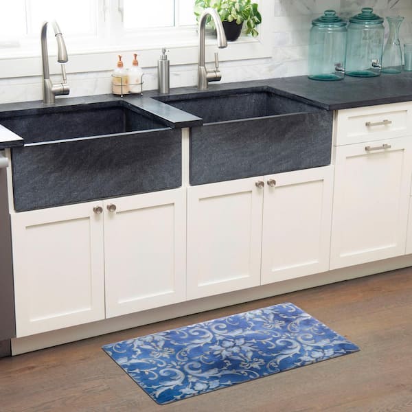 Cozy Living Watercolor Damask Blue 17.5" x 30" Kitchen Mat