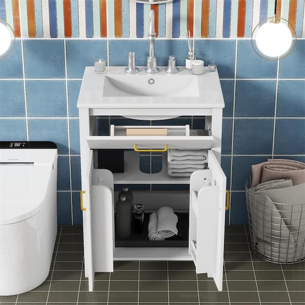 24" W x 18" D x 34" H Bathroom Vanity Combo with Ceramic Sink, Space-Saving, 2 Soft-Close Doors, White Top