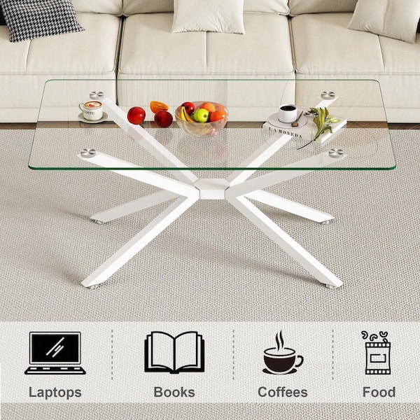 Modern Living Room Center 39 in. White/Clear Rectangle Tempered Glass Coffee Table with White Metal Legs